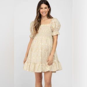 Yellow Floral Square Neck Smocked Ruff Maternity Dress
